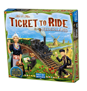 Board game box featuring game title and train illustration.