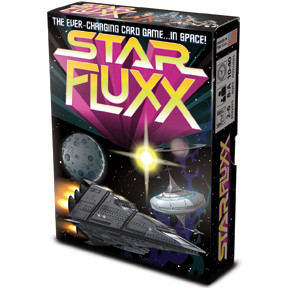 Board game box featuring game title and starship with planets behind it.