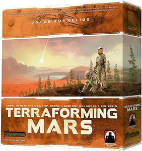 Board game box featuring game title and panoramic illustration of Mars and a colonist. Board game box featuring game title and panoramic illustration of Mars and a colonist.