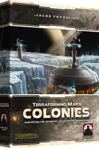 Board game box featuring game title and panoramic illustration of a space colony. Board game box featuring game title and panoramic illustration of a space colony.