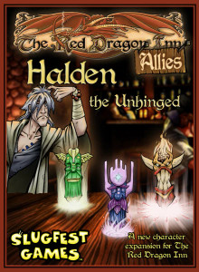 Board game expansion titled "Red Dragon Inn: Allies - Halden the Unhinged". Art of a man with white hair in a shabby beige coat and a unbuttoned blue shirt. He is raising his hand, lifting three totems out of tiny portals on the table in front of him. The three totems are green, purple, and orange from left to right.