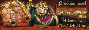 Board game box featuring game title and a muscular bard playing loud music and a Lich King covering his ears. Board game box featuring game title and a muscular bard playing loud music and a Lich King covering his ears.