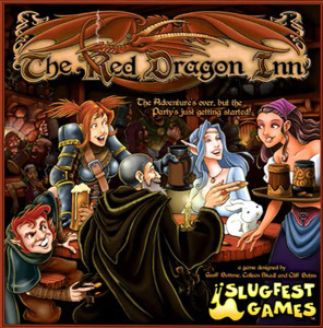 Board game box featuring game title and four fantasy characters around a tavern table. Board game box featuring game title and four fantasy characters around a tavern table.