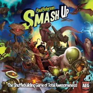 Board game titled "Smash Up" at the top of the box. The cover art below features characters from different genres fighting. Board game titled "Smash Up" at the top of the box. The cover art below features characters from different genres fighting.