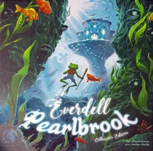 Board game box featuring game title and a frog and a fish swimming under the water towards a castle. Board game box featuring game title and a frog and a fish swimming under the water towards a castle.