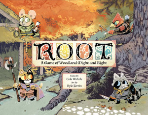 Board game box featuring game title "Root" in large, gothic font with each letter backed by colorful filigree.   Woodland animals with weapons are squaring off against each other.