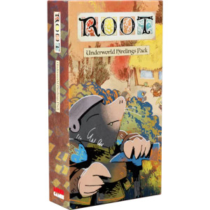 Board game box featuring game title," Root: Underworld Hirelings Pack" in gothic font across the top.  The art below it features a mole with a pickaxe in a golden forest.