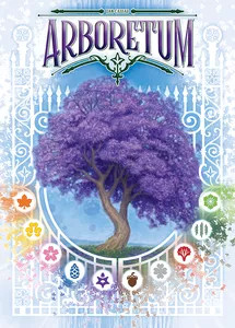 Board game box featuring game title and a large purple tree Board game box featuring game title and a large purple tree