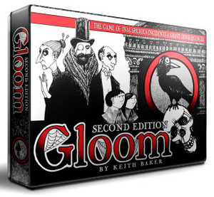 Board game box featuring game title and morose characters. Board game box featuring game title and morose characters.