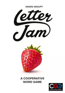 Box featuring game title and a large strawberry with letters all over it.