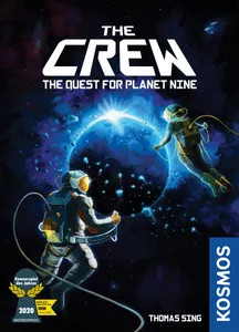 Board game box featuring game title and two astronauts floating above a blue glowing planet. Board game box featuring game title and two astronauts floating above a blue glowing planet.