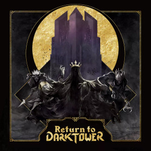 A board game titled "Return to Dark Tower" in gold font at the bottom of the cover in a plaque-like border. The art above is bordered in black and depicts a row of four darkly-clad people, all with their faces obscured by various masks or, the case of the central figure, in shadow. Said figure is highlighted by having both a distinct design, with a cloaked head and gold crown atop it, while the rest wear their gold accents elsewhere, as well as holding two snarling hounds on a chained leash. Behind the row looms a (you guessed it) Dark Tower. It is angular, foreboding, and backdropped by a golden circle. A board game titled "Return to Dark Tower" in gold font at the bottom of the cover in a plaque-like border. The art above is bordered in black and depicts a row of four darkly-clad people, all with their faces obscured by various masks or, the case of the central figure, in shadow. Said figure is highlighted by having both a distinct design, with a cloaked head and gold crown atop it, while the rest wear their gold accents elsewhere, as well as holding two snarling hounds on a chained leash. Behind the row looms a (you guessed it) Dark Tower. It is angular, foreboding, and backdropped by a golden circle.