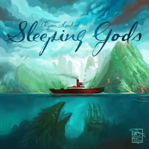 Board game box featuring game title and a steam boat on a lake over a monster, with mountains and a swirling sky in the background.