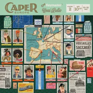 Game box featuring game title and a conspiracy board with red string, a map of Europe, pictures of thieves and locations, and newspaper clippings. Game box featuring game title and a conspiracy board with red string, a map of Europe, pictures of thieves and locations, and newspaper clippings.