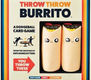 Board game box featuring game title and two soft throwable burritos with cartoon eyes.