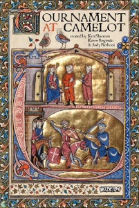 Board game box featuring game title and a medieval depiction of a fighting tournament. Board game box featuring game title and a medieval depiction of a fighting tournament.