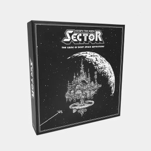Board game box featuring game title and a large space station in front of a moon.