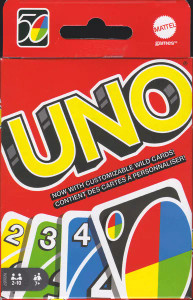 Board game box featuring game title and four Uno cards. Board game box featuring game title and four Uno cards.
