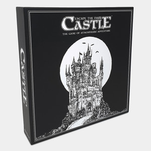 Board game box featuring game title and a black and white drawing of a castle. Board game box featuring game title and a black and white drawing of a castle.