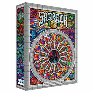 Board game box featuring game title and colorful stained glass. Board game box featuring game title and colorful stained glass.