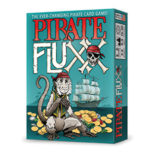 Light blue board game box featuring game title and a cartoon pirate monkey. Light blue board game box featuring game title and a cartoon pirate monkey.