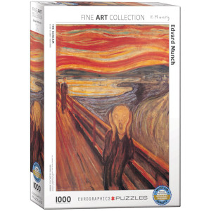 A Eurographics puzzle titled "The Scream by Edvard Munch" that depicts the famous painting of a bald man in long, dark, vague robes with his hands on either side of his face as he presumably lets out a scream. Behind him is a bridge that spans over a body of water where a few distant figures walk toward him. A Eurographics puzzle titled "The Scream by Edvard Munch" that depicts the famous painting of a bald man in long, dark, vague robes with his hands on either side of his face as he presumably lets out a scream. Behind him is a bridge that spans over a body of water where a few distant figures walk toward him.