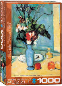 A Eurographics puzzle depicting Cezanne Paul's painting "Blue Vase".  The piece does, in fact, feature a blue vase with an arrangement of flora in it - primarily red, white, and purple flowers surrounded by green leaves.  Around the base of the vase sit various fruits, a plate, and a bottle of yellow liquid.  A blue shadow is cast across an otherwise brightly lit scene.  The brush strokes loosely impress the shapes, and the colors are vibrant and lively.