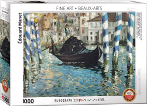 A white bordered Eurographics puzzle with the number '1000' at the bottom, the words "Fine Art - Beaux Arts" at the top, and the artist credit to "Edouard Manet" along the left side.  In the center is a painting titled "The Grand Canal of Venice" done in an impressionistic style of just that - the Canal of Venice with a man pushing a boat along using a long pole.