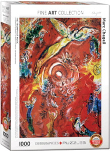 A Eurographics puzzle of the painting "The "Triumph of Music" by Marc Chagall, an abstract work dominated by reds and yellows and spotted with blues and greens to contrast the rest of its overall warmth.  Figures with vague features and loosely penciled clothing details play various instruments circling around a red void, seemingly trailing closer to a lighter center.  Some stand on ground, while others possess wings and fly above the rest.