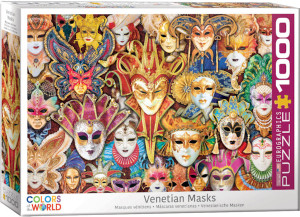 A Eurographics Puzzle titled "Venetian Masks" that depicts a wall of elaborate, colorful masks. Some smile, others sport more neutral expressions, and all have some form of headpiece built around the white faces. Many have masks painted around the eyes of the characters, and some merely details that resemble filigree, makeup, or otherwise exaggerated features. The headpieces are most commonly curled triangles that stand around the face like a droopy, dramatic hat. A Eurographics Puzzle titled "Venetian Masks" that depicts a wall of elaborate, colorful masks. Some smile, others sport more neutral expressions, and all have some form of headpiece built around the white faces. Many have masks painted around the eyes of the characters, and some merely details that resemble filigree, makeup, or otherwise exaggerated features. The headpieces are most commonly curled triangles that stand around the face like a droopy, dramatic hat.