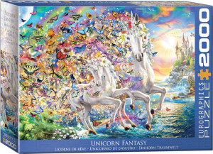 A Eurographics puzzle titled "Unicorn Fantasy". The art is of a scene featuring two white unicorns running into a body of water from a green shore. A large swarm of butterflies obscures the back ends of them, suggesting that the insects are drawn to them. The unicorns may be distressed by this, as one looks back wide eyed into the mass and the other stares at the viewer like a plea for help - an appropriate reaction to being swarmed by insects with a propensity for feeding on sweat and flesh to sate their salt cravings. In the distance stands a magical castle with waterfalls that part around a bridge leading to another section of shoreline. Perhaps the helpless unicorns will find sanctuary there from the horde that hunts them. Rainbows streak across the sky. A Eurographics puzzle titled "Unicorn Fantasy". The art is of a scene featuring two white unicorns running into a body of water from a green shore. A large swarm of butterflies obscures the back ends of them, suggesting that the insects are drawn to them. The unicorns may be distressed by this, as one looks back wide eyed into the mass and the other stares at the viewer like a plea for help - an appropriate reaction to being swarmed by insects with a propensity for feeding on sweat and flesh to sate their salt cravings. In the distance stands a magical castle with waterfalls that part around a bridge leading to another section of shoreline. Perhaps the helpless unicorns will find sanctuary there from the horde that hunts them. Rainbows streak across the sky.