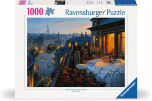 A puzzle with the company name "Ravensburger" and the number '1000' at the top of the white bordered box.  The art in the center depicts the image on the finished puzzle, which is a painting of a scene from a Parisian balcony where a circular table is set with a white cloth and full dinner ware.  A warm light glows from an open door.  Beyond the balcony is bathed in dusk, and city lights are turning on, as are windows in buildings as far as the eye can see.