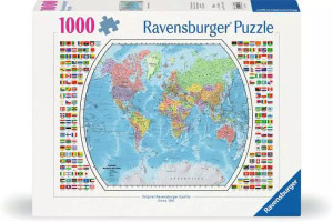 A puzzle with the company name "Ravensburger" and the number '1000' at the top of the white bordered cover. The image in the center is a map of the landmasses of Earth labelled with the countries that inhabit them, and on either side of the map are dozens of tiny labelled flags that correspond with spots across the map. A puzzle with the company name "Ravensburger" and the number '1000' at the top of the white bordered cover. The image in the center is a map of the landmasses of Earth labelled with the countries that inhabit them, and on either side of the map are dozens of tiny labelled flags that correspond with spots across the map.