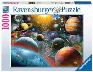 A Ravensburger puzzle titled "Planetary Vision." True to the name, the art is a view of space, making use of perspective to capture the vastness of the beyond.  Planets hang close to the viewer, steadily getting smaller the further they are from the audience and closer to a bright yellow star ahead.  Beyond them are great splotches of color: the dust of nebulae.  Within the clouds spiral the great limbs of other galaxies, and between them the pin-pricks of distant stars. A Ravensburger puzzle titled "Planetary Vision." True to the name, the art is a view of space, making use of perspective to capture the vastness of the beyond.  Planets hang close to the viewer, steadily getting smaller the further they are from the audience and closer to a bright yellow star ahead.  Beyond them are great splotches of color: the dust of nebulae.  Within the clouds spiral the great limbs of other galaxies, and between them the pin-pricks of distant stars.