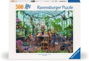 A puzzle with the words “Ravensburger Puzzle” at the top and the number ‘500’ along the left side of the white bordered cover.  Below is an image of the finished puzzle, which features a photo-realistic digital painting of the interior of a glass greenhouse.  The flooring is made up of cobblestone with a swirl of brings in the center, and atop it is an array of tables and eclectic items all overflowing with plant life.