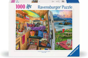 A puzzle with the words "Ravensburger Puzzle" and the number '1000' at the top of the white bordered cover.  In the center is a scene both inside and out of a van that has been converted into a tiny home.  It is parked beside a public park with wooden tables, bikes, a picnic, and is overlooking the sea. A puzzle with the words "Ravensburger Puzzle" and the number '1000' at the top of the white bordered cover.  In the center is a scene both inside and out of a van that has been converted into a tiny home.  It is parked beside a public park with wooden tables, bikes, a picnic, and is overlooking the sea.