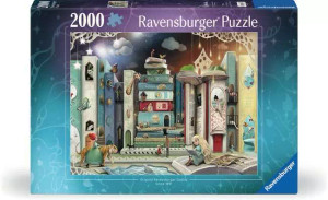 A puzzle with the words "Ravensburger Puzzle " and the number '2000' at the top of the blue bordered cover.  In the center is an image of what the finished puzzle looks like, which features a close-up painting of a bookshelf with characters (presumably from the books) wandering around and between pages.  A girl with hair longer than she is tall sits in the foreground atop a book with an even smaller book in her lap.  Another girl with a bright red hat and a tiger at her side walks across the wooden shelf.   A stack of books in the center makes up a little townhouse with darkened windows and a door set into the spines.  It's all very imaginitive.