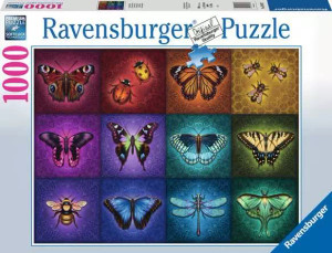 A puzzle with the words "Ravensburger Puzzle" and the number '1000' at the top of the white bordered box.  The cover below features a painting of 12 colored boxes, each with a different kind of winged insect inside.  They are arranged in rainbow order.