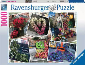 A puzzle with the words "Ravensburger Puzzle" at the top and the number '1000' along the side of the white bordered box. The art inside the border features what the finished puzzle looks like: a collage of photos taken in New York City where various locations throughout have been covered in bundles of fresh flowers. A puzzle with the words "Ravensburger Puzzle" at the top and the number '1000' along the side of the white bordered box. The art inside the border features what the finished puzzle looks like: a collage of photos taken in New York City where various locations throughout have been covered in bundles of fresh flowers.
