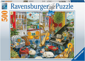 A puzzle with the words “Ravensburger Puzzle” at the top and the number ‘500’ along the left side of the white bordered cover.  Below is an image of the finished puzzle, which features a music room filled with instruments of all shapes, sizes, and from all sorts of cultures across the globe.  A black and white cat sits in an open violin case, an orange cat walks across the open piano, and a white dog lies curled up by its stool where sheet music lays scattered across the floor.