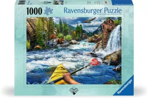 A puzzle with the words “Ravensburger Puzzle” and the number ‘1000’ along the top of the light blue bordered cover.  Below is an image of the finished puzzle, which features a first-person point of view painting of a person with pale skin traversing white water rapids in a kayak.  A lush forest lines either side of the river, birds fly overhead, and a hunter's stand is built into the side of a short cliff.