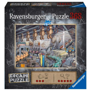 A puzzle with the words “Ravensburger Puzzle” and number ‘368’ across the top and the subtitled “Escape Puzzle” in the bottom left.  Beside that are symbols denoting the difficulty level and how many clues are present to find.  The cover is bordered in dark grey.  In the center is a picture of what the finished puzzle looks like: a darkened factory with cold, industrial lights illuminating several assembly lines filled with various toys: bears, elephants, toy digging machines, nutcrackers, and babydolls galore. A puzzle with the words “Ravensburger Puzzle” and number ‘368’ across the top and the subtitled “Escape Puzzle” in the bottom left.  Beside that are symbols denoting the difficulty level and how many clues are present to find.  The cover is bordered in dark grey.  In the center is a picture of what the finished puzzle looks like: a darkened factory with cold, industrial lights illuminating several assembly lines filled with various toys: bears, elephants, toy digging machines, nutcrackers, and babydolls galore.