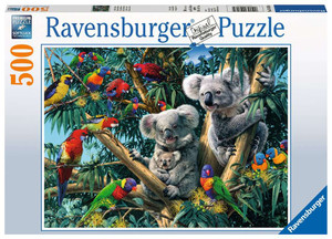 Puzzle box featuring a depiction of a family of koalas relaxing in the trees with a few birds. Puzzle box featuring a depiction of a family of koalas relaxing in the trees with a few birds.