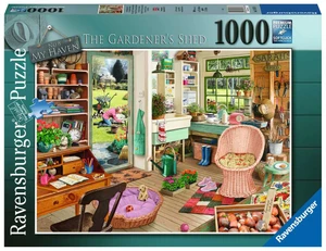 Green puzzle box featuring the depiction of the interior of a garden shed looking out into the garden. Various gardening tools and flower bulbs adorn the room. Outside is a woman gardening with two dogs next to her.