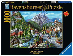 Black puzzle box featuring a depiction of Banff located in Alberta. There is a large snow covered mountain in the background and a cable car.