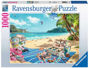 Puzzle box featuring a depiction of a beach and a persons towel with all the necessary equipment and materials to craft seashell jewelry.