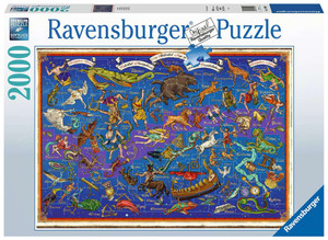 Puzzle box featuring a depiction of a star chart including renditions of what each constellation represents. Puzzle box featuring a depiction of a star chart including renditions of what each constellation represents.