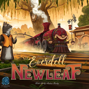 A board game titled "Everdell: Newleaf" in gold and orange scrawling script at the bottom of the box. Above the title is an either sunset or sunrise scene of the train station of Newleaf washed in oranges and golds. In the center is a red, steam-powered train pulling into the station, steam pouring from the smokestack. In the foreground is a feline in an orange vest and round spectacand holding a pocketwatch pensively as they watch the train pull in. Behind the train is a large willow with a clock on it. A board game titled "Everdell: Newleaf" in gold and orange scrawling script at the bottom of the box. Above the title is an either sunset or sunrise scene of the train station of Newleaf washed in oranges and golds. In the center is a red, steam-powered train pulling into the station, steam pouring from the smokestack. In the foreground is a feline in an orange vest and round spectacand holding a pocketwatch pensively as they watch the train pull in. Behind the train is a large willow with a clock on it.