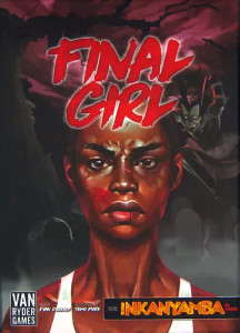 A board game titled "Final Girl : Slaughter in the Groves" in bold red slasher font. Below it is a woman with a white tank top, dark brown eyes, dark skin, and short copped black hair. She is splattered in blood and sporting various cuts and scrapes, and her facial expression is intense. Behind her is a scene from the Ancient Groves at night, the sky an ominous red and an old, knotted tree silhouetted above her. Grave stones rise from the mist and a masked figure leaps above them, toward the woman in the foreground. He brandishes a weapon glinting in the moonlight. A board game titled "Final Girl : Slaughter in the Groves" in bold red slasher font. Below it is a woman with a white tank top, dark brown eyes, dark skin, and short copped black hair. She is splattered in blood and sporting various cuts and scrapes, and her facial expression is intense. Behind her is a scene from the Ancient Groves at night, the sky an ominous red and an old, knotted tree silhouetted above her. Grave stones rise from the mist and a masked figure leaps above them, toward the woman in the foreground. He brandishes a weapon glinting in the moonlight.