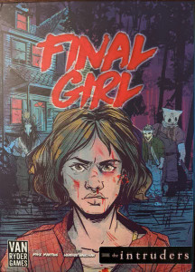A board game titled "Final Girl: A Knock at the Door" in bold red slasher font. Below the title is a woman with a wild, light brown bob, light skin, and cuts littering her intensely focused face. Behind her is a cottage bathed in boonlight and three masked killers brandishing rusty weapons. A board game titled "Final Girl: A Knock at the Door" in bold red slasher font. Below the title is a woman with a wild, light brown bob, light skin, and cuts littering her intensely focused face. Behind her is a cottage bathed in boonlight and three masked killers brandishing rusty weapons.